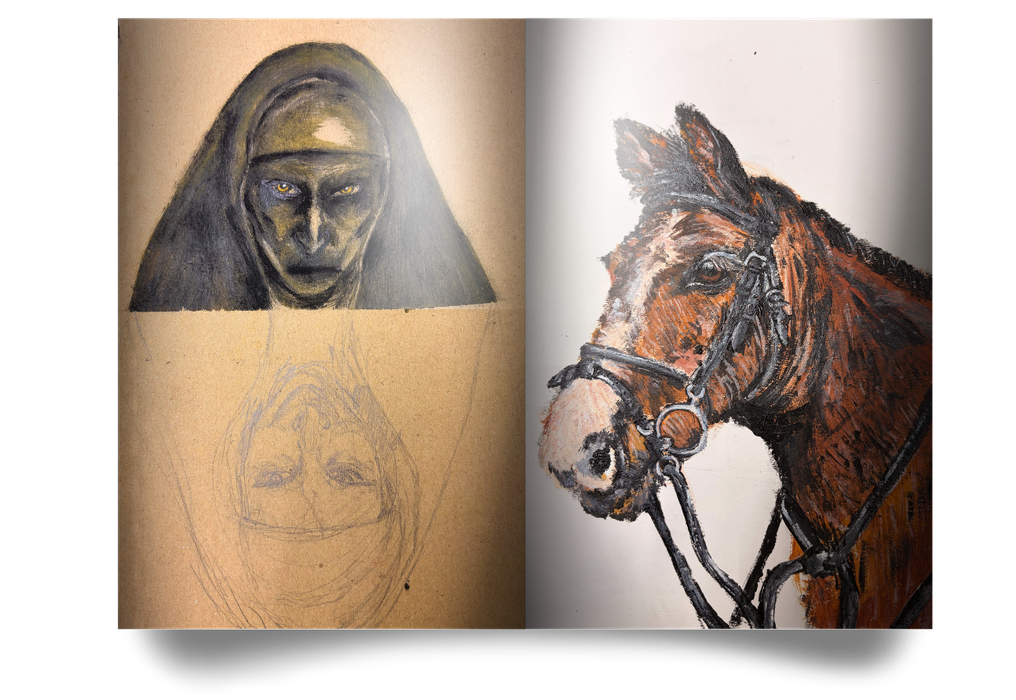 Sketchbook with portraits of a woman and a horse