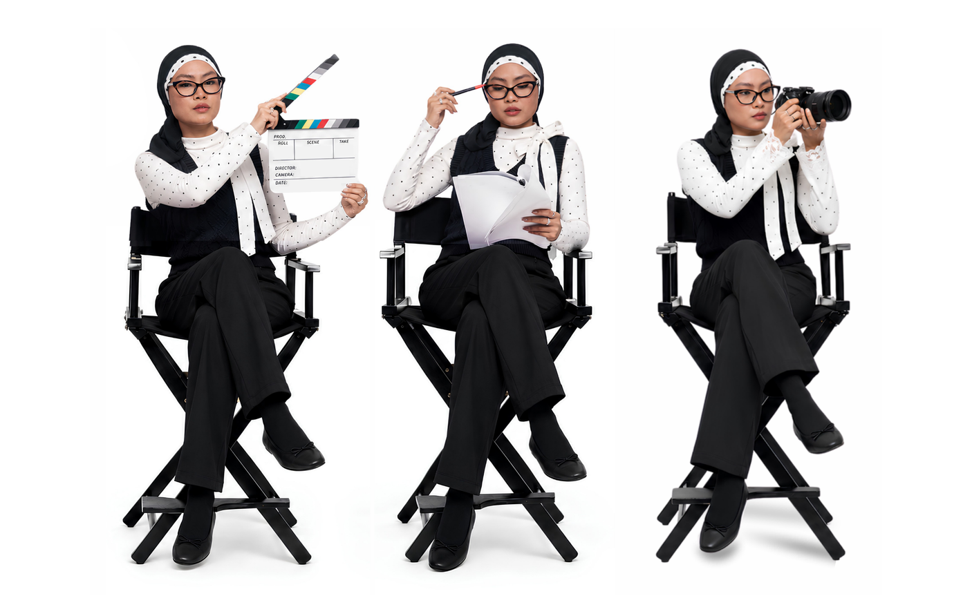 Hidayah with a clapperboard, notebook and camera