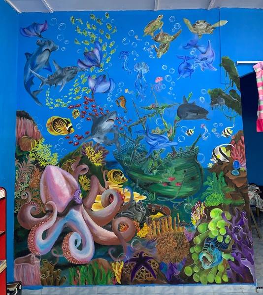 Underwater mural with fish, turtles and an octopus